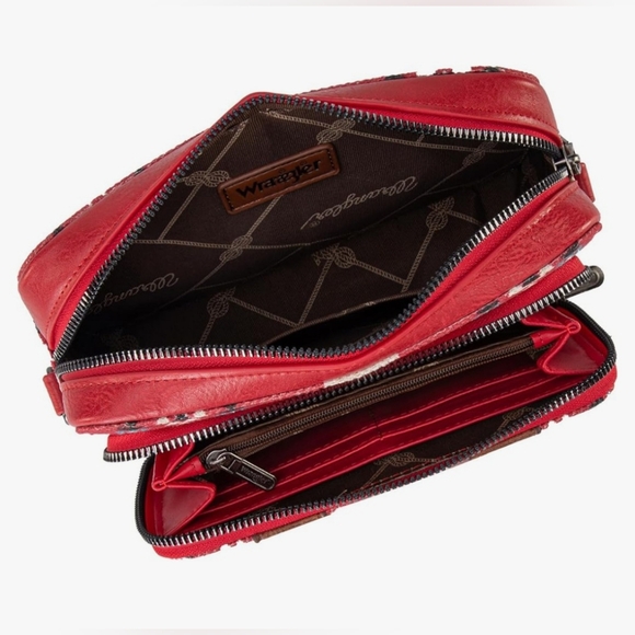 Wrangler Crossbody Bag Boho Aztec Small MultiPocket Crossover Purse, Burgundy - Picture 6 of 10